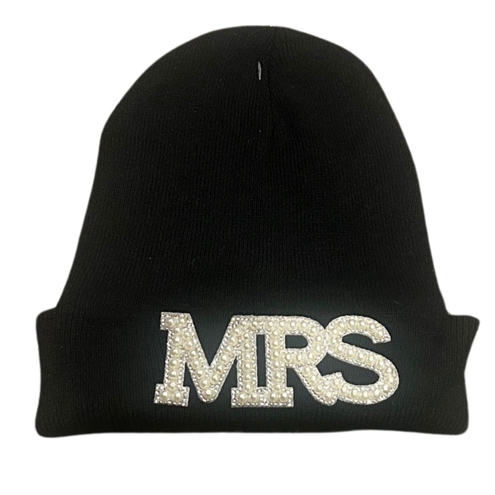 Pearl Mrs. Patch Fleece Lined Beanie | Black | New | Bachelorette | Unisex Adult